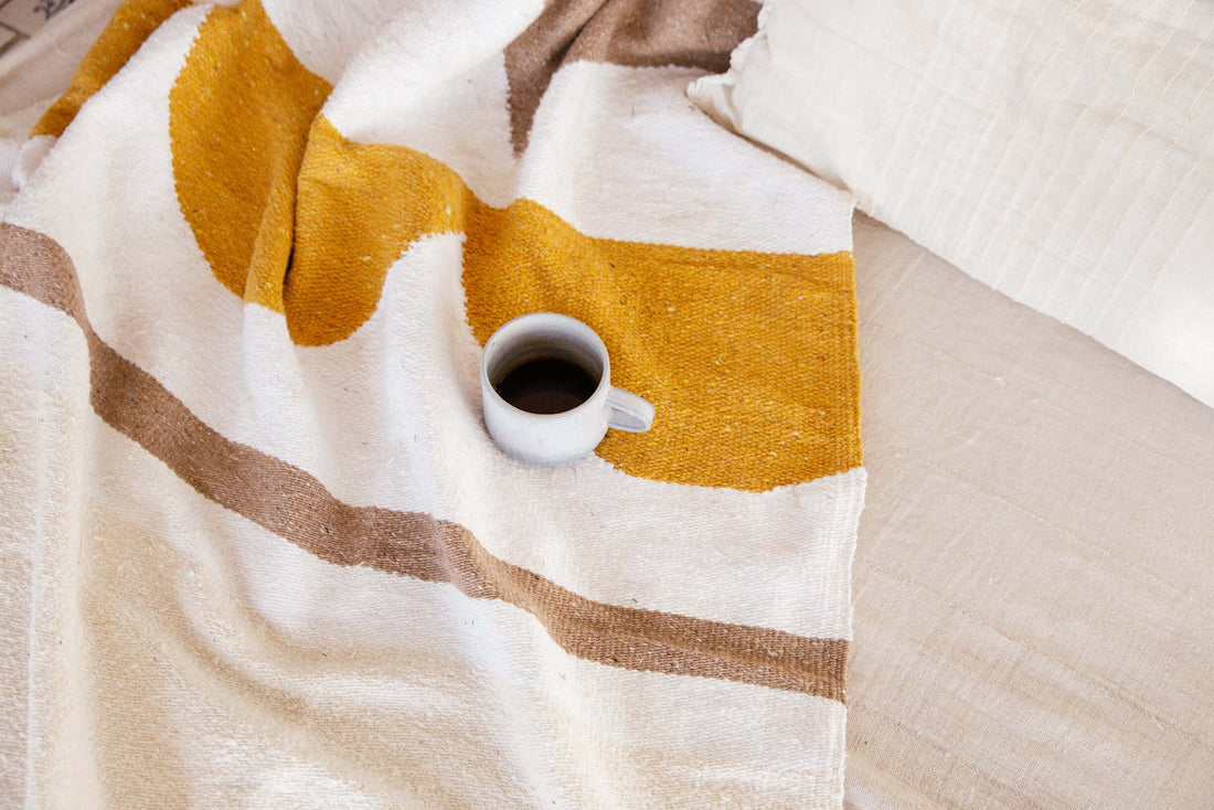 Boho Throw Blanket Woven from Upcycled Remnant Clothing Fibers