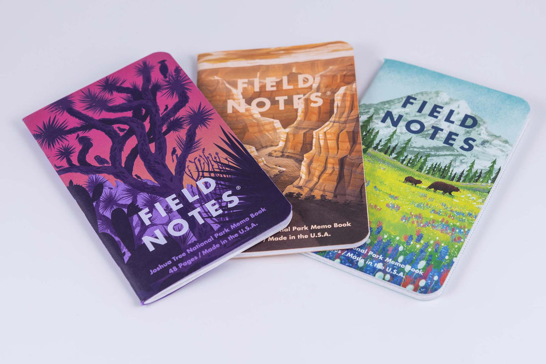 Stacked set of three field notes national parks memo books showing cover illustrations depicting the Grand Canyon National Park, Mount Rainier National Park, and Joshua Tree National Park