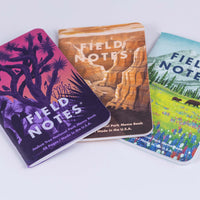 Stacked set of three field notes national parks memo books showing cover illustrations depicting the Grand Canyon National Park, Mount Rainier National Park, and Joshua Tree National Park