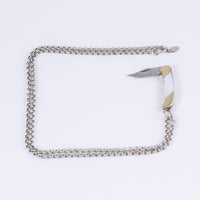 Open folding knife necklace inlaid with mother of pearl on an antiqued silver plated rolo chain with pear clasp