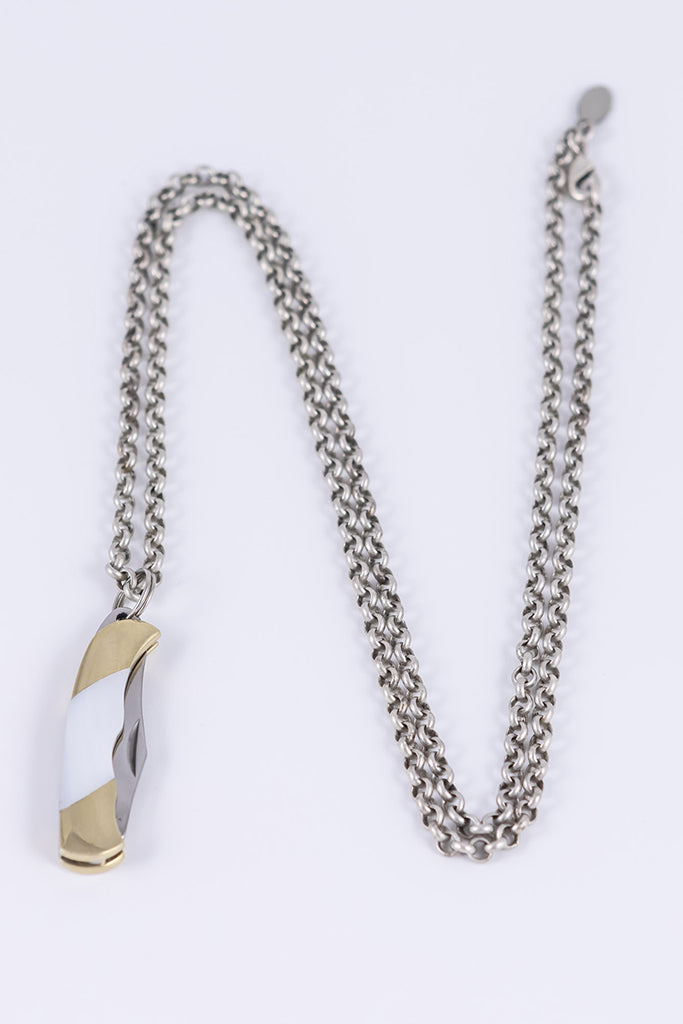 Folding knife necklace made from genuine mother of pearl with an antique silver plated chain