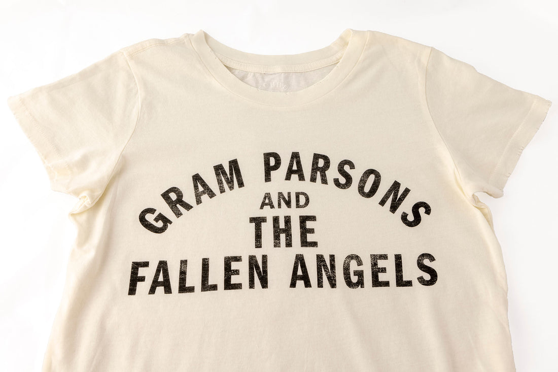 Vintage looking distressed off-white tshirt with text "Gram Parsons and the Fallen Angels"