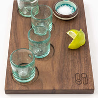 Marfa Nights Hand Blown Shot Glasses and Flight tray featuring Sound as Ever logo and set with lime and salt
