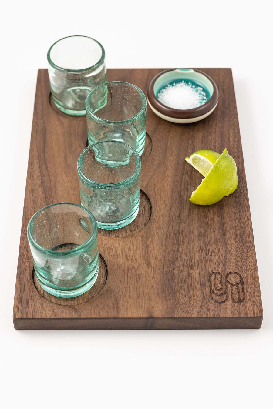 Marfa Nights Hand Blown Shot Glasses and Flight tray featuring Sound as Ever logo and set with lime and salt