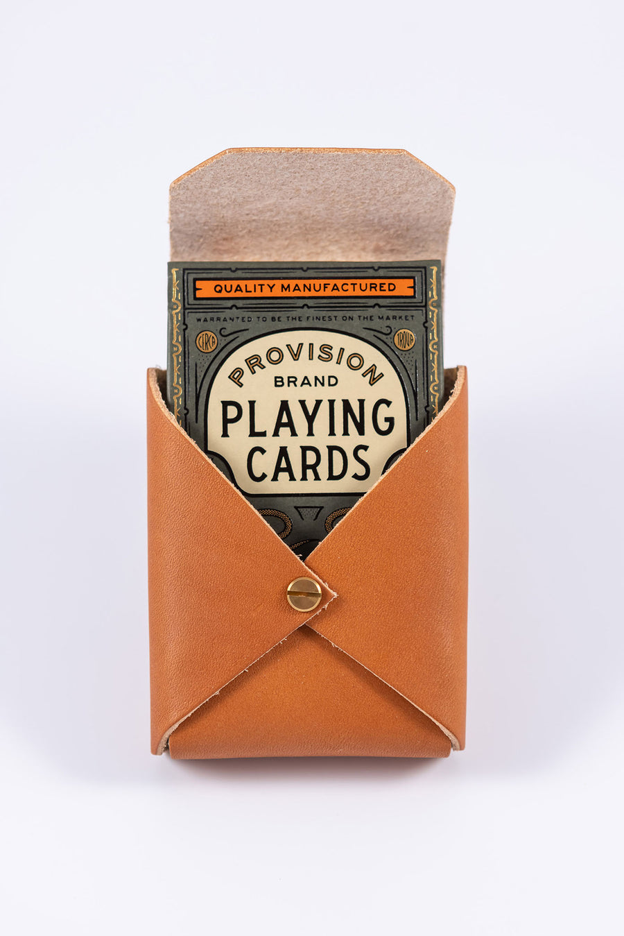 Leather playing card case open to display the premium playing cards from Theory11 Provision brand