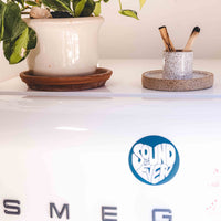 Palo santo holder and sage burning bowl made from white speckled clay with two burnt palo santo sticks next to a potted plant on top of a SMEG refrigerator