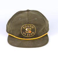 Olive green colored Sound As Ever snapback cap featuring yellow embroidered logo