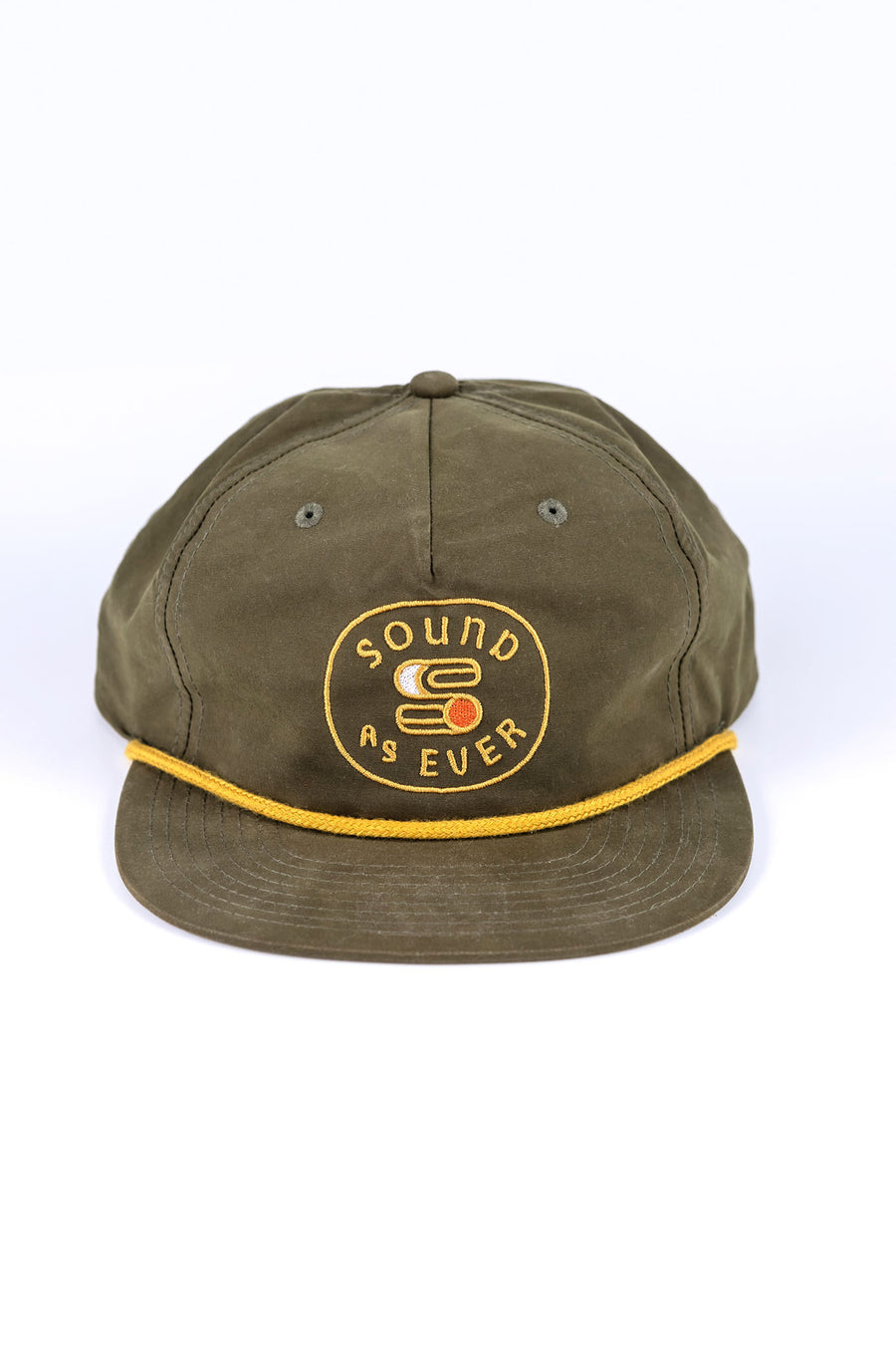 Olive green colored Sound As Ever snapback cap featuring yellow embroidered logo