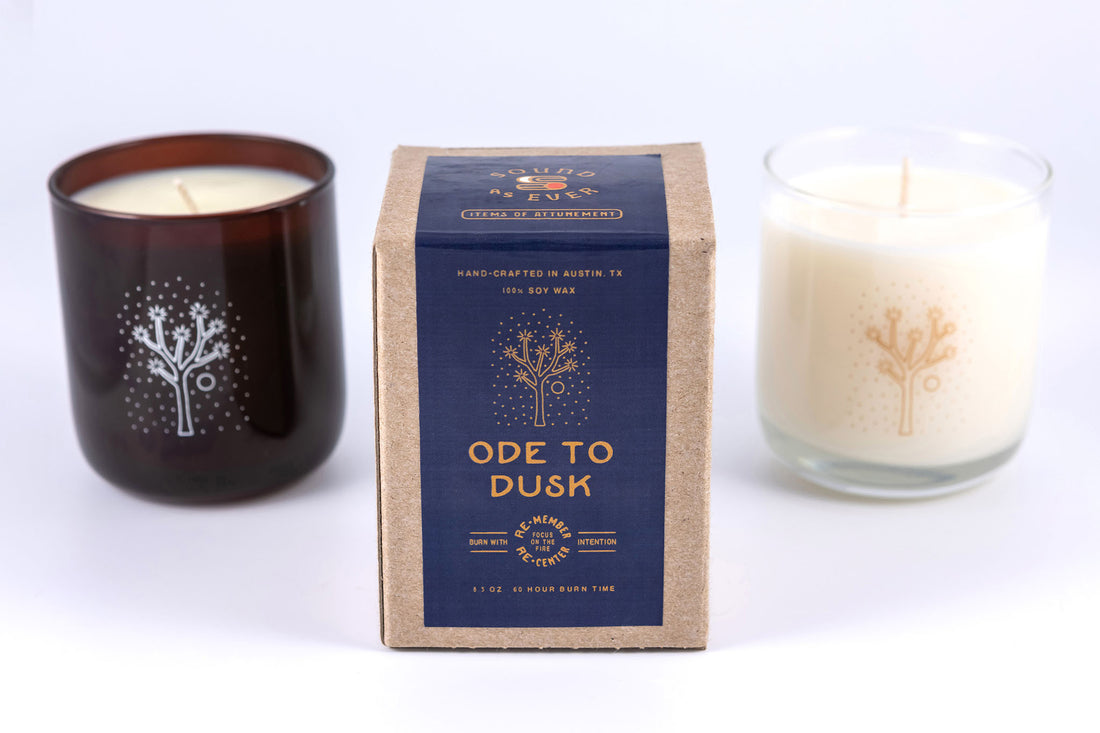 Soy wax candle in "Ode to Dusk" scent with joshua tree and stars design
