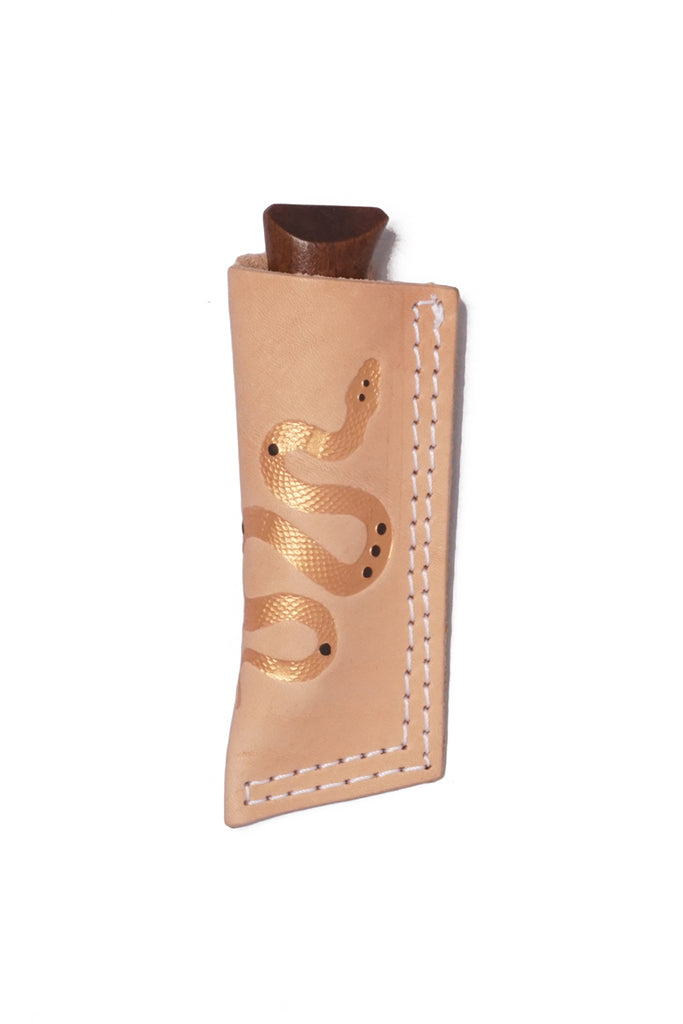 Wood handle "Whiskey" pocket knife sheathed in tan leather embossed cover with golden sidewinder design