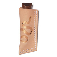 Wood handle "Whiskey" pocket knife sheathed in tan leather embossed cover with golden sidewinder design