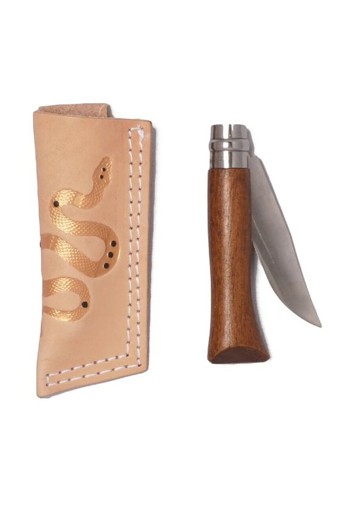 Wood handle folding pocket knife and leather sheath with embossed golden sidewinder design