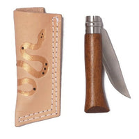 Wood handle folding pocket knife and leather sheath with embossed golden sidewinder design